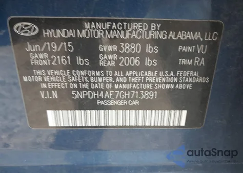 2016 Hyundai Elantra Se from USA, damaged, VIN 5NPDH4AE7GH713891